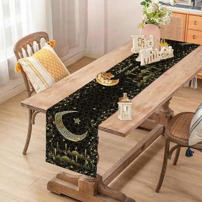 이드 무바라크 라마단 테이블 러너 33 x 182.9cm(13 x 72인치), 문 앤 스타 모스크 블랙 앤 골드 리넨 테이블 러너, 식탁, 옷장 및 홈 데코용 라마단 무바라크 테이블 러너 - color: 골드 블랙 이드 무바라크 라마단 테이블 러너