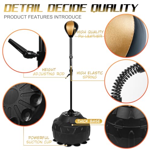 Standing Reflex Speed Bag with Thick Base, Adjustable Height & Reinforced Spring (Golden Black)