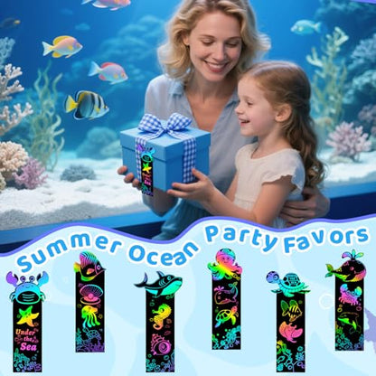 JUNEBRUSHS 30Pcs Ocean Crafts, Rainbow Magic Ocean Animals Scratch Bookmarks Under The Sea Party Favors Games for Activities Summer Arts and Crafts - style: Ocean Style