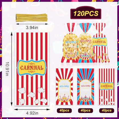 Threetols 120 Pcs Carnival Cellophane Bags - Stripe Plastic Bags with Twist Ties for Circus, Baby Shower, Party Favor - color: blue
