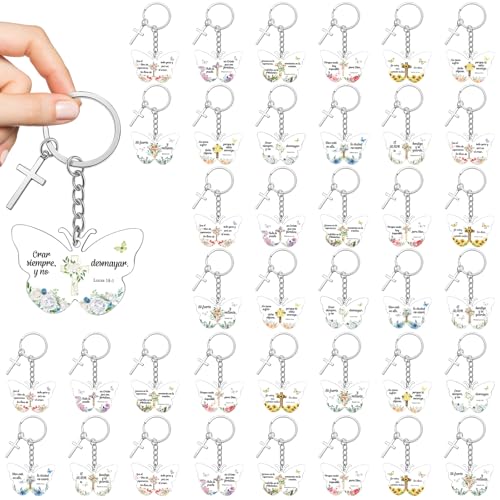 Sureio 60 Pcs Spanish Christian Keychain Gift Bulk Women Religious Cross Inspirational Bible Verse Acrylic Keychains Llaveros Cristianos En Español for Church Member Teacher Student (Butterfly) - style: Butterfly