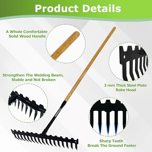 Garden Rake, 60" Wooden Handle with 17-Tine Metal Bow Rake, Secure Fit | Stop Back Pain! Rock Rake Heavy Duty for Loosening Soil,Leveling Gravel,Clearing Fallen Leaves,Removing Sod and Landscaping