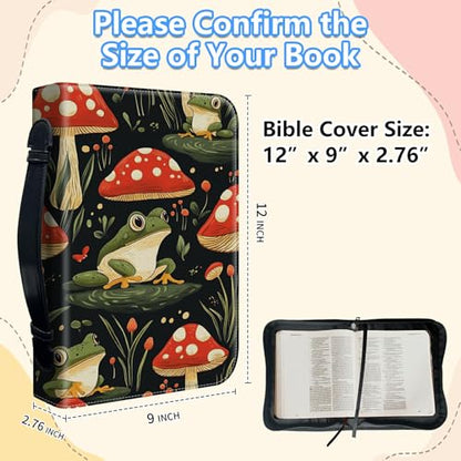 Bible Cover Case for Women, PU Leather Large Bible Cases with Zipper Fits Books Up to 12" x 9" x 2.76”, Bible Carrying Bag for Men, Frogs Mushroom - color: Frogs Mushroom