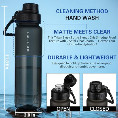 OLDLEY 32 oz Water Bottle with Handle, BPA-Free Tritan Reusable Sports Water Bottle with Leak-Proof Dust Lid, Wide Mouth, Cup Holder Friendly, Half Frosted Clear Bottle for Gym, Travel, Work,Black - color: Black