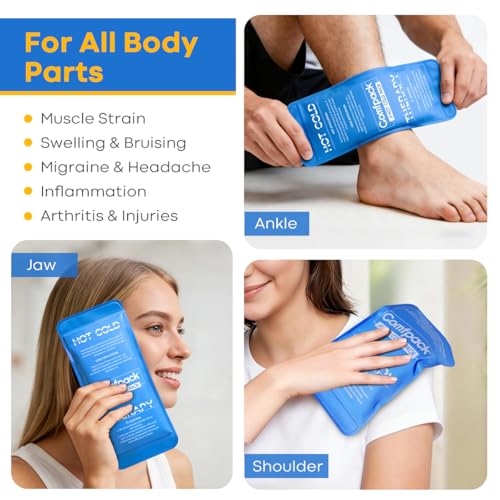 Comfpack Soft Ice Packs for Injuries Reusable, Flexible Double Side Hot and Cold Gel Ice Packs for Injuries, Headaches, Muscle Pain Relief, Long-Lasting Ice Pack for Knee, Shoulder, Ankle, Leg, Neck - size: 9.1×3.8 Inch
