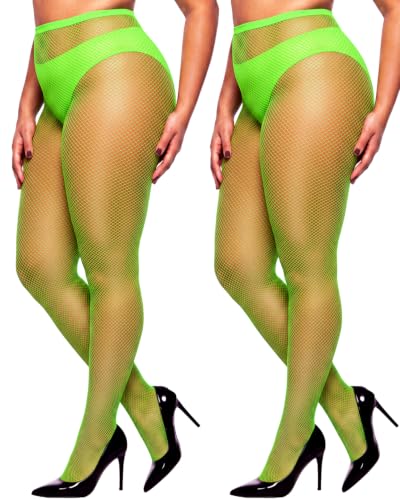 ZINTEDI 2 Pairs Plus Size Black Fishnet Stockings for Women High Waist Fishnet Tights - color: Green