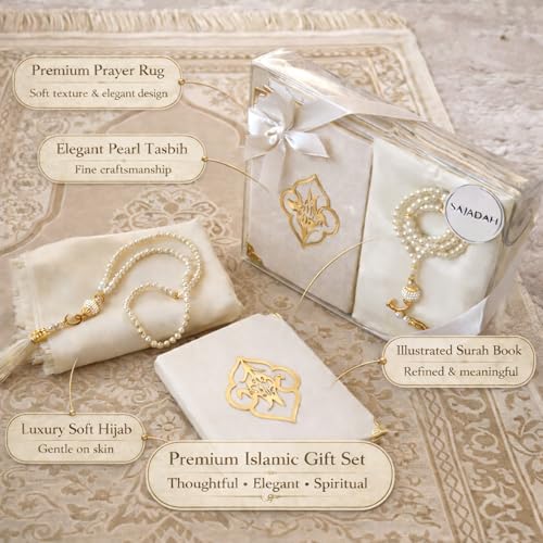 SAJADAH Muslim Prayer Rug Set - 4 in One Islamic Gifts Set, Prayer Mat, Prayer Beads, Hijab, Surahs Book,Eid Gifts - color: Cream