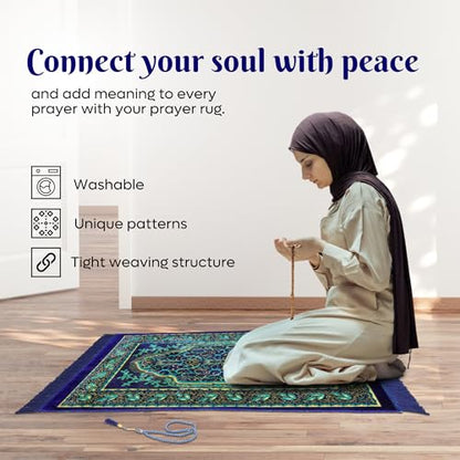 Muslim Prayer Rug, Soft Plush Thin Islamic Prayer Mat, Janamaz, Sajada, Praying Carpet, Islamic Gift, Foldable Portable Turkish Prayer Mat for Men&Women, Lightweight Travel Prayer Rug, 26"x43" - color: Jeddah / Navy