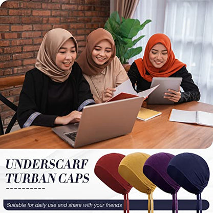 4 Pieces Women Under Scarf Hat Hijab Cap Islamic Muslim Under Scarf Turban Beanie Cap - color: Wine Red, Navy, Purple, Ginger, size: One Size
