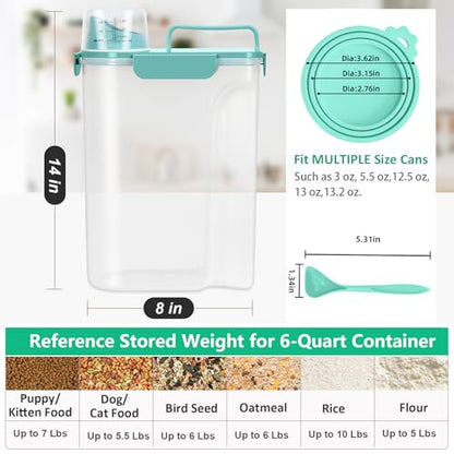 Pet Dog Cat Food Storage Container 5 to 7 lbs with Can Cover and Mixing Spoon, Airtight Travel Pet Food Storage Dispenser with Easy-pouring Spout & Cup, Kibble Dog Treat Bird Seed Container -Cyan - color: Cyan 6Qt