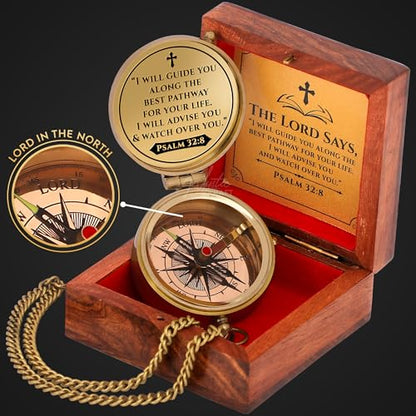 Engraved Brass Pocket Compass Gift - Psalm 32:8, First Communion Gifts, Baptism Gifts for Boys, Confirmation Gifts, Gifts for Men, Catholic Religious Christian Easter Gifts for Kids