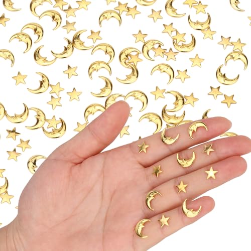 100pcs Ramadan Festival Decorations, Zinc Alloy Mini Moon and Star Eid Crafts Funny Ramadan Festival Ornaments for Home Party Holiday Decoration Supplies (Gold-Colored)