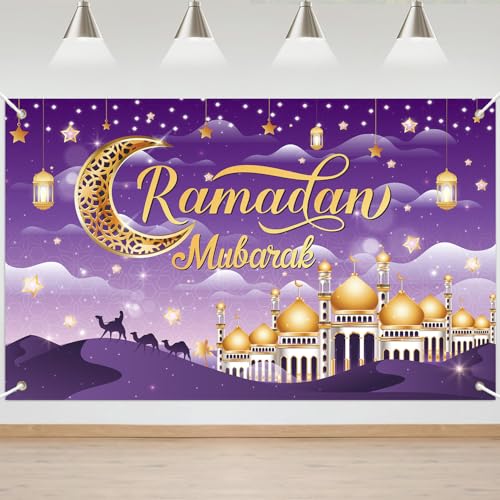 Ramadan Mubarak Decorations Large Size Ramadan Kareem Backdrop Banner Eid Mubarak Sign Backdrop Background for Muslim Ramadan Party Supplies, 71 x 43Inch - color: Purple