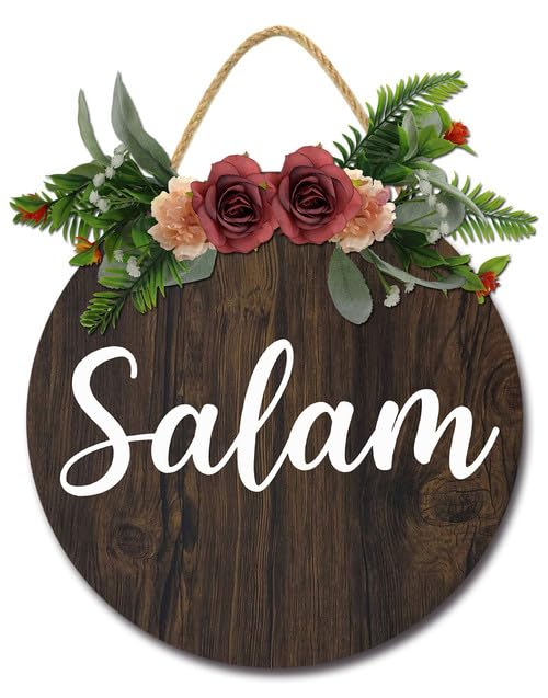 Salam Wreaths for Front Door Islam Muslim Wooden Sign 11inch Rustic Round Wood Wreaths Wall Hanging for Outdoor Home Party Decoration Porch Holiday - color: LW1, size: 11x11inch