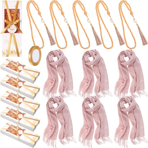 6 Sets Eid Ramadan Gifts for Women Muslim Tasbih Prayer Beads Pink Islamic Hijabs Scarf Shawl Mubarak Greeting Card with Box Eid Al-fitr Gift for Hajj Muslim Celebration Wedding Party