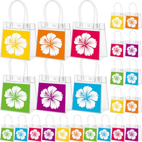 Aliceset 24 Pcs Clear Hawaiian Gift Bags with Handles Tropical Floral Hawaiian Luau Party Favor Bag for Aloha Theme Tropical Luau Summer Party with Palm Leaves 6.31"x 5.91"x 3.15" - style: Hibiscus
