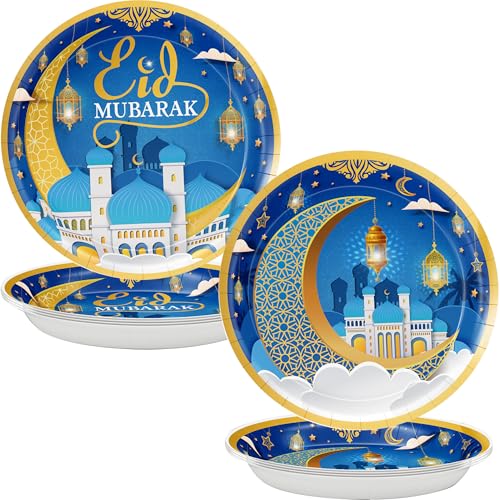 Ramadan Plates for Home Blue and Gold Eid Mubarak Ramadan 9 Inch 24Pcs Paper Plates for Ramadan Party Decorations