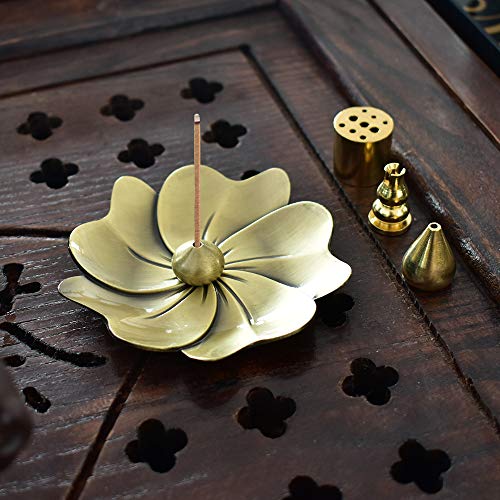 Sakura Flower Incense Holder, 5PCS Bronze Incense Burner Holder with Silk Pouch, Two Styles Drop-Shape, Cylinder Multihole and Gourd-Shape Ash Catcher Yoga Room Bedroom Home Fragrance - color: Gold and Bronze, 5 Pcs