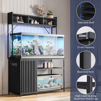 BELLEZE 55-90 Gallon Aquarium Stand with LED Lights, Fluted Cabinet for Fish Tank Accessories Storage, Heavy Duty Metal & Power Outlets, 1200 LBS Capacity, Turtle Tank Reptile Terrarium, Black Ebony