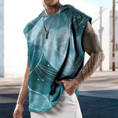 domirica Mens Relaxed Hooded Tank Tops Abstract Print Crewneck Casual Breathable Summer Fitness Sleeveless Shirt - color: Aquaswirl, size: 5X-Large