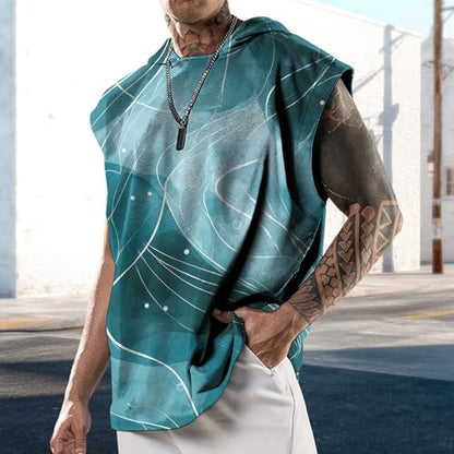 domirica Mens Relaxed Hooded Tank Tops Abstract Print Crewneck Casual Breathable Summer Fitness Sleeveless Shirt - color: Aquaswirl, size: 3X-Large