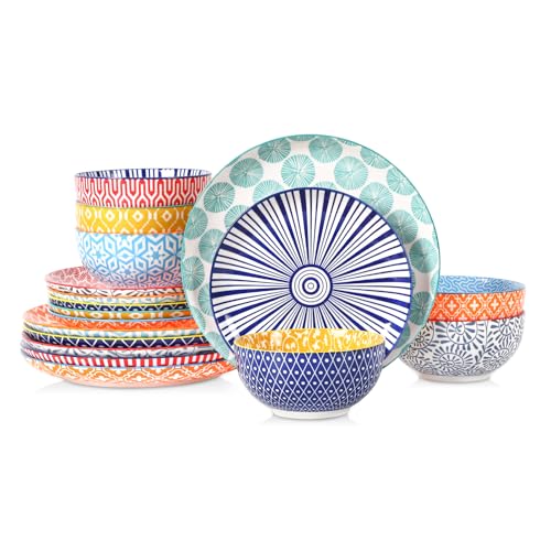 Selamica Ceramic Plates and Bowls Sets,18 Pieces Dinnerware Sets for 6,Dishwasher & Microwave Safe dish set,Family & Holiday Dining, Assorted Colors - color: Assorted Colors, size: Service for 6 (18 Pcs)
