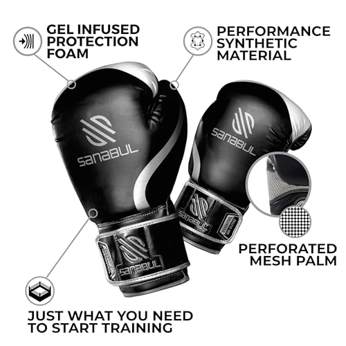 Sanabul Essential Gel Boxing Gloves for Men & Women, Kickboxing MMA, Muay Thai Gloves and Heavy Bag Training Punching & Sparring - color: Black/Metallic Silver, size: 10 oz