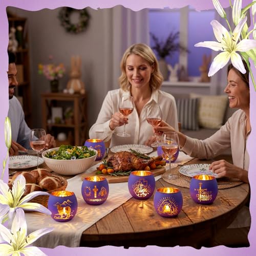 FoldTier 6 Pcs Easter Candle Holders He is Risen Tealight Votive Candle Holder for Table Centerpiece Christian Religious Glass Tealight Votive Easter Tabletop Decor for Home Altar Decoration - style: Easter