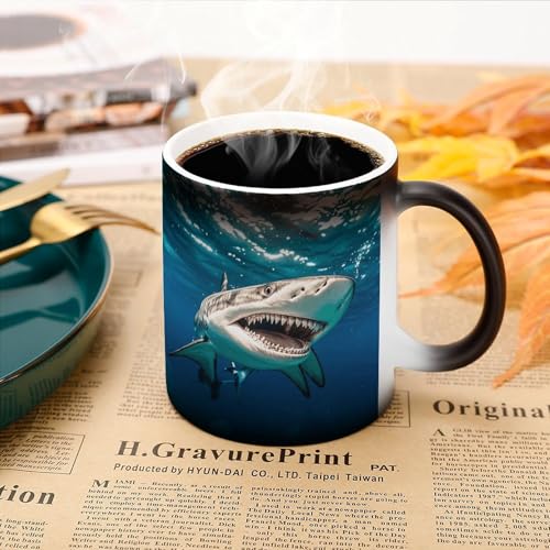 Cool Ocean Fish Coffee Mug Heat Sensitive Discoloration Ceramic Cup Personalized Color Changing Coffee Cups Unique Cup Gift for Family Friends Birthday Aniversary