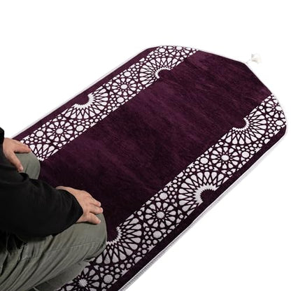 Modefa Turkish Islamic Prayer Mat - Chenille with Foam and Carrying Bag - Intricate Praying Rug Ramadan Eid Gift - Traditional Muslim Janamaz Seccade for Men Women - Mustaqim (Purple) - color: Purple
