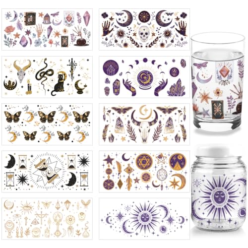 arricraft 10 Sheets Divination UV DTF Cup Wrap for 16OZ Glass, Moons Sun Skull Butterfly Rub on Decals PVC Transfer Stickers for DIY Cups Wood Funiture Magic Supplies - style: Divination Magic