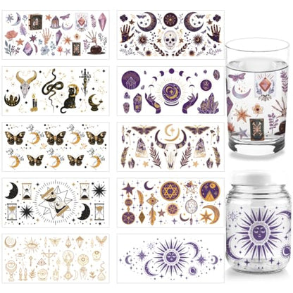 arricraft 10 Sheets Divination UV DTF Cup Wrap for 16OZ Glass, Moons Sun Skull Butterfly Rub on Decals PVC Transfer Stickers for DIY Cups Wood Funiture Magic Supplies - style: Divination Magic