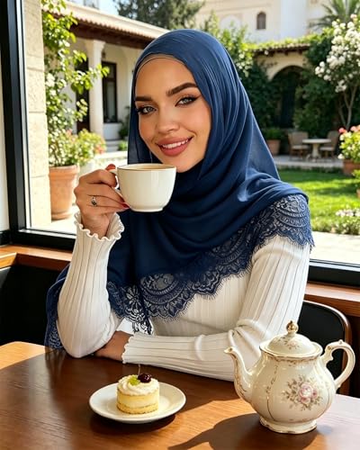 JUMISEE Elegant Floral Lace Hijab Scarf for Women Soft Cotton Head Wrap Instant Hijab Long Scarves Evening Dress Shawl - color: Dark Blue