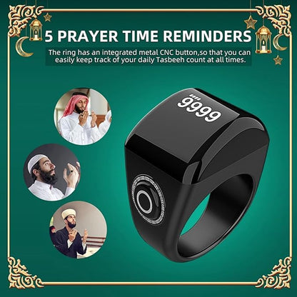 Zikr Ring- Muslim Digital Azan Alarm Clock, Digital Tasbih Finger Counter with OLED Screen, Waterproof, APP Support Counter Smart Ring(Black, 8 inch)