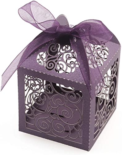 KPOSIYA 70 Pack Wedding Favor Boxes Laser Cut Boxes Party Favor Box Small Gift Boxes Lace Candy Boxes for Wedding Bridal Shower Baby Shower Birthday Party Anniverary with Ribbons (Purple, 70) - color: Purple 70