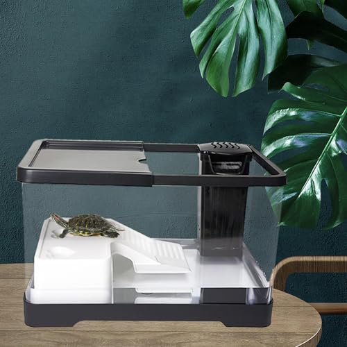 Turtle Tank Starter Kit, Upgraded Aquarium Fish Tank Kit with Filter,Fish Net, Reptile Habitat with Adjustable UV Lamp & Lid,Bask Platform for Crabs,Amphibians,Reptiles.(12"x7.7"x7.2") - size: 12"x7.7"x7.2"