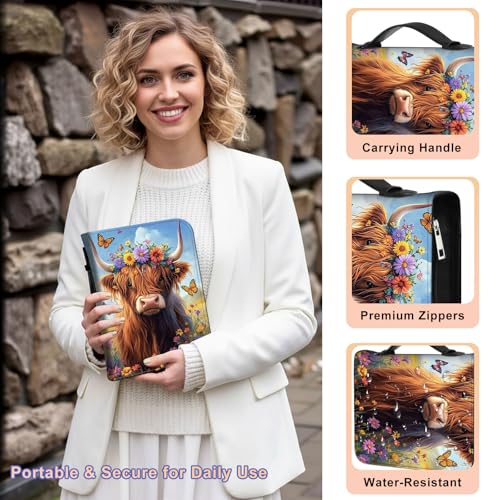 PU Leather Bible Cover with Handle & Pockets, Large Capacity Bible Case, Water-Resistant Scripture Organizer Bag with Bonus Card Holder, Christian Gift for Women & Men, Cute Highland Cow - color: Cute Highland Cow
