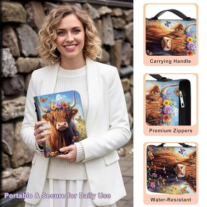 PU Leather Bible Cover with Handle & Pockets, Large Capacity Bible Case, Water-Resistant Scripture Organizer Bag with Bonus Card Holder, Christian Gift for Women & Men, Cute Highland Cow - color: Cute Highland Cow