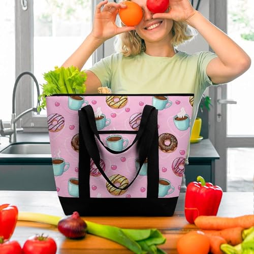 SWEET TANG Soft Cooler Bag, Large Reusable Insulated Grocery Bag with Zipper Top, Travel Tote for Hot or Cold Food (Coffee Donuts Pink) - color: Pattern 85