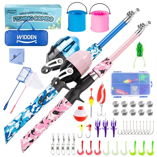 WIDDEN Kids Fishing Pole, Portable Telescopic Kids Fishing Poles for Boys and Girls, Fishing Rod and Reel Combo Kit with Tackle Box, and Fishing Net, Best Fishing Pole for Toddler Youth - color: Blue+Light Pink