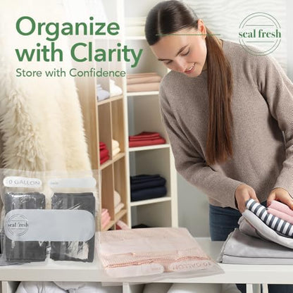 Seal Fresh 10 Gallon Large Plastic Storage Bags – 24" x 24" (15 Count) – Reusable XXL Extra Large Clear Jumbo Zip Bags with Sealable Zipper Top For Clothes, Travel, Moving - size: 10 Gallon - 15 Pack