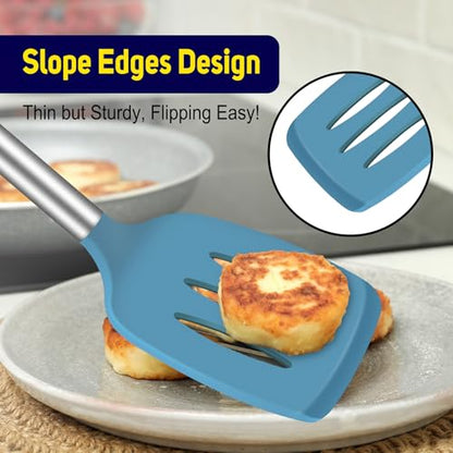 HOTEC Silicone Spatula Set of 2 Heat-Resistant 600°F & BPA-Free Kitchen SaptulaTurner with Stainless Steel Handles, Slotted & Solid Spatulas for Nonstick Cookware, 13.7 Inch, Blue - color: Blue