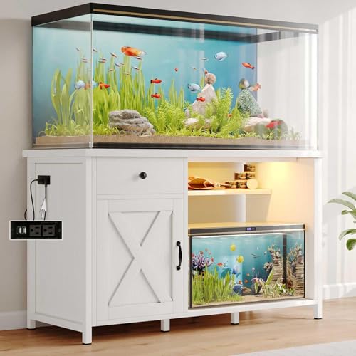 4ever2buy 55-75 Gallon Fish Tank Stand with Power Outlets, LED Light, Heavy Duty Aquarium Stand with Cabinet for Fish Tank Accessories Storage, for Turtle Tank, Reptile Terrarium, 1100LBS, White - color: White