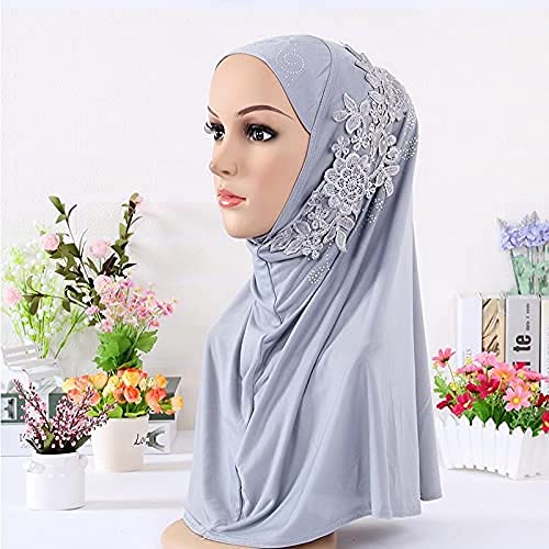 Women Soft One Piece Hijab Long Muslim Turban Islamic Full Head Scarf - color: Grey/Flower