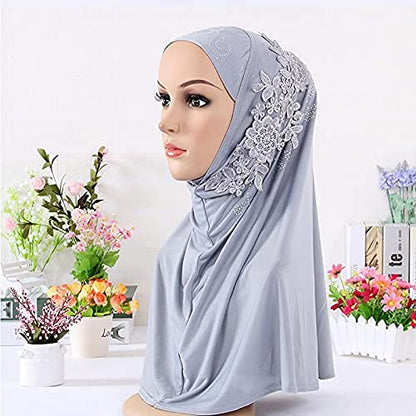 Women Soft One Piece Hijab Long Muslim Turban Islamic Full Head Scarf - color: Grey/Flower