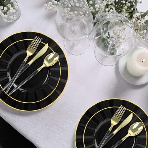 150Pcs Plastic Plates with Gold Rim,Heavy Duty Black Plates for 30 Guests,Plastic Dinnerware Set Include 30 Dinner Plate,30 Dessert Plate,90 Gold Cutlery Set for Party (Black) - color: Black