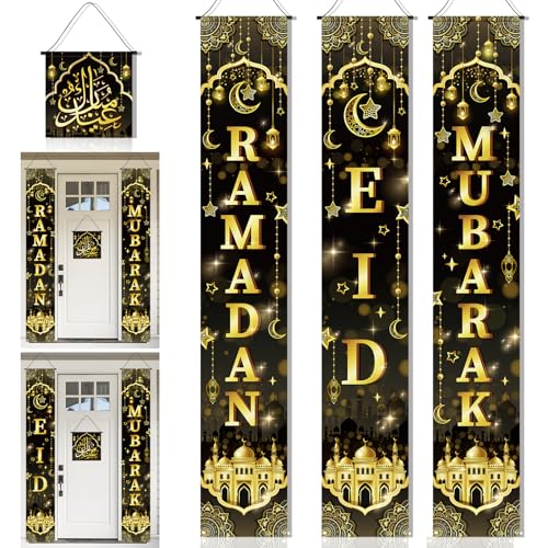 DPKOW 2 In-1 Ramadan Eid Decorations for Home, 4pcs Black Gold Ramadan Mubarak Banner Eid Mubarak Door Couplets Decorations Islamic Muslim Welcome Porch Sign, Fabric - color: Black Gold