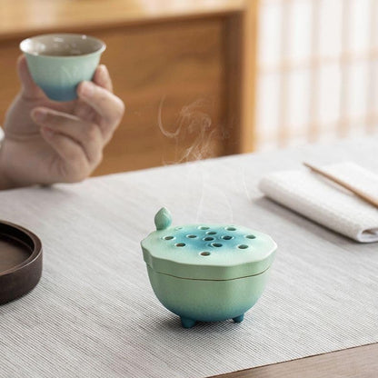 Zen Incense Burner with Lotus Lid Design (Lake Blue), Ceramic Incense Holder for Bakhoor, Stick, Powder, Cone, Coil, and Tower Incense, Home Fragrance Decor