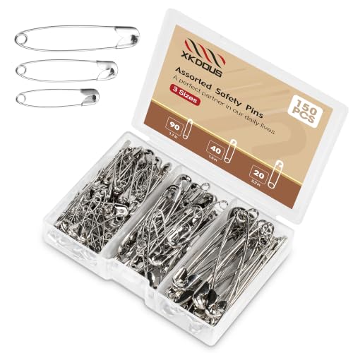 XKDOUS 150 Pack Safety Pins for Clothes 3 Universal Assorted Sizes, Sliver - color: Silver, size: Assorted Sizes - Small & Large (150 Pcs)