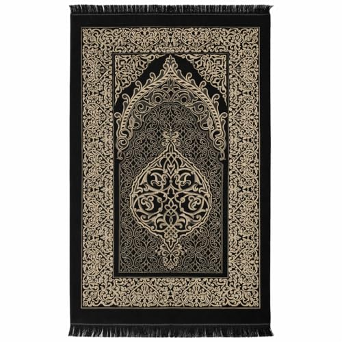 Modefa Islamic Gifts Prayer Mat | Thin Woven Praying Mat Muslim Prayer Rug | Muslim Gifts for Men Ramadan Gifts with Tesbih Prayer Beads | Ottoman Rug with Cylinder Gift Box Set Ramadan (Black) - color: Black
